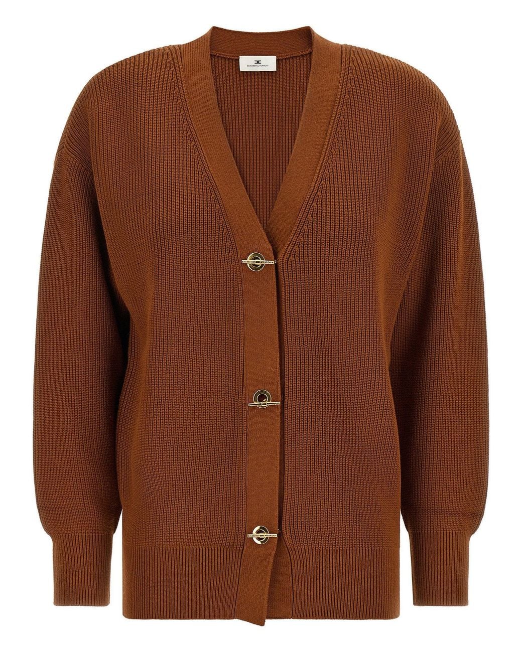 Elisabetta Franchi Brown Ribbed Knit With Closures Cardigan