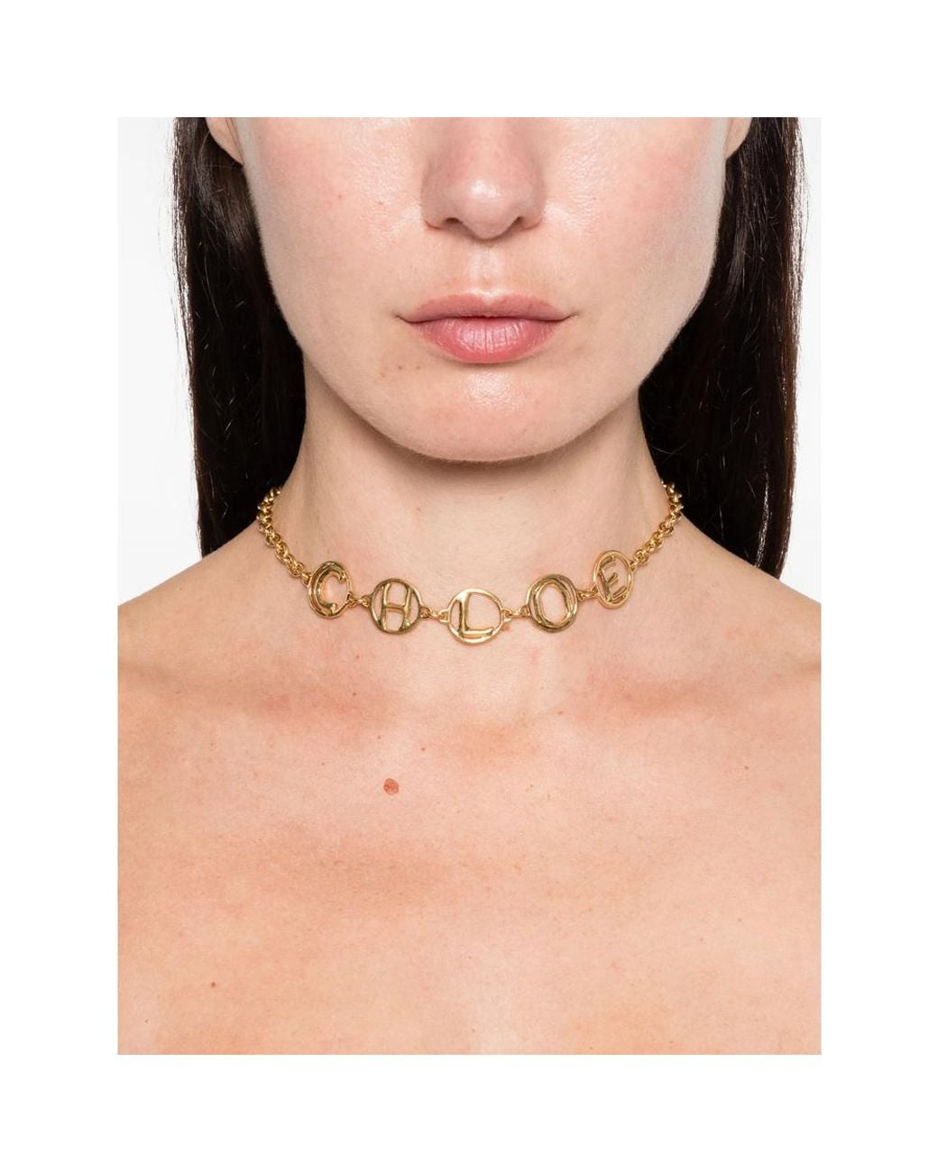 Chloé Metallic Tone Logo Charm Necklace Brass Necklaces