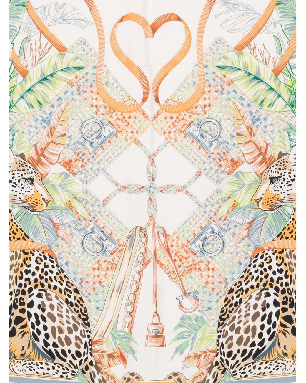 Ferragamo Natural Leopard And Tropical Leaf Print Silk Scarf — Ivory