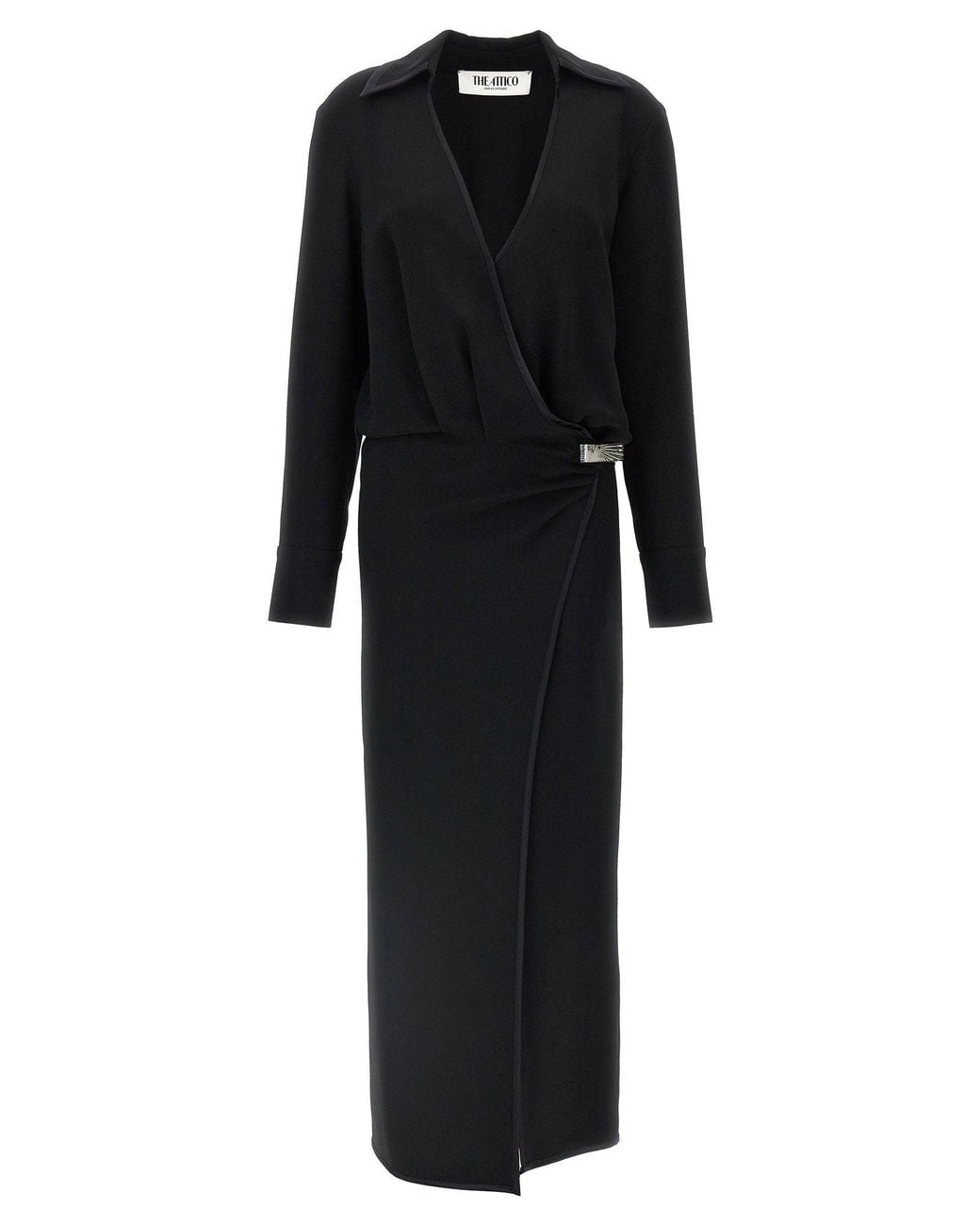 The Attico Black Cady Wrap With Satin Piping Wrap Dress