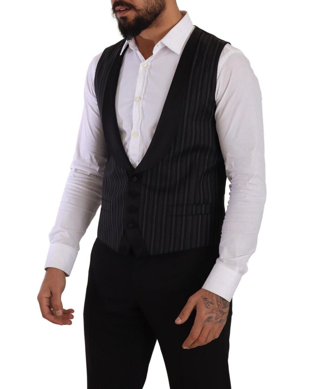 Dolce & Gabbana Black Dark Gray Striped Wool Silk Waistcoat Vest for men