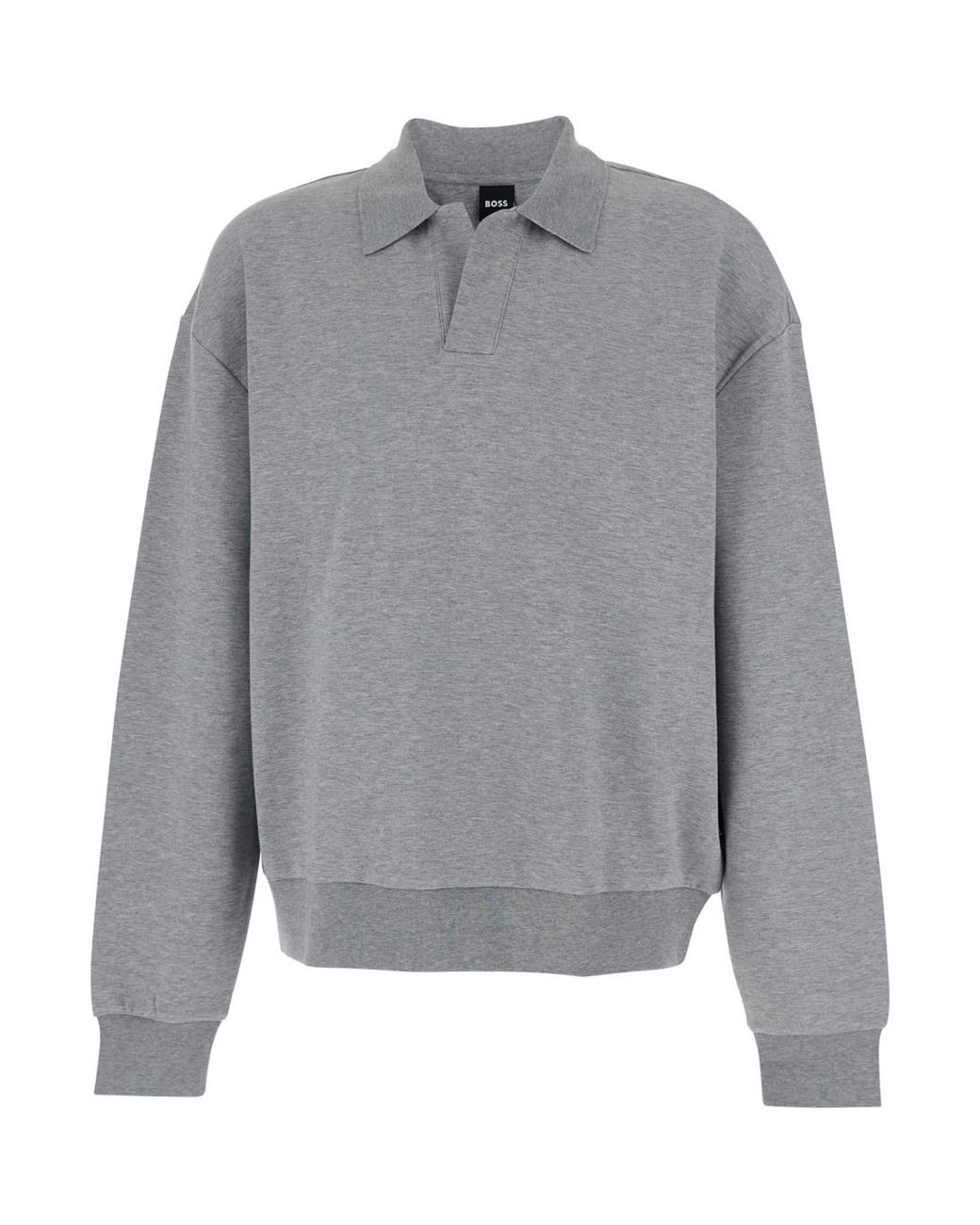 Boss Gray Long Sleeve Polo With Dropped Shoulders And Ribbed Wool Finish for men