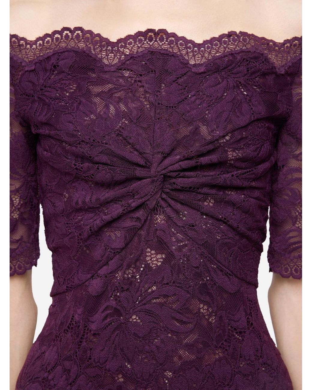 Rabanne Purple Floral Stretch Lace Layered Off-The-Shoulder Short-Sleeved Maxi Dress