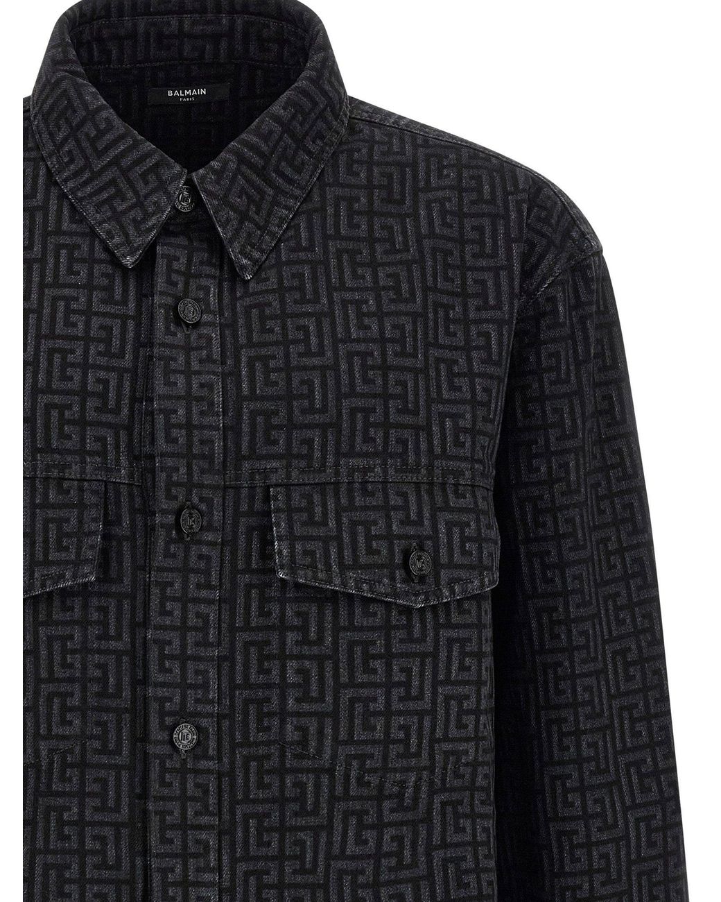 Balmain Blue Monogram-Pattern Denim Overshirt for men
