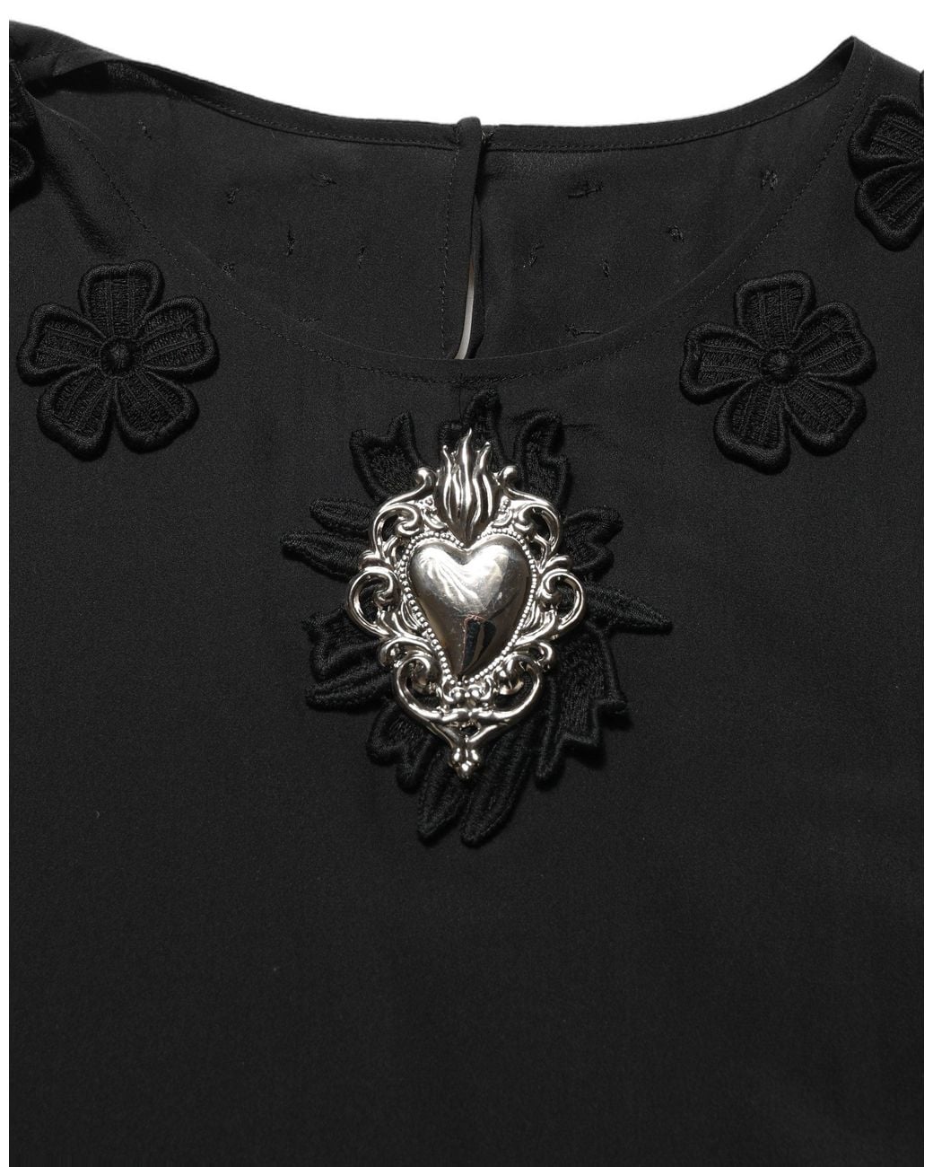 Dolce & Gabbana Black Floral Silk Heart Appliqué Blouse Top