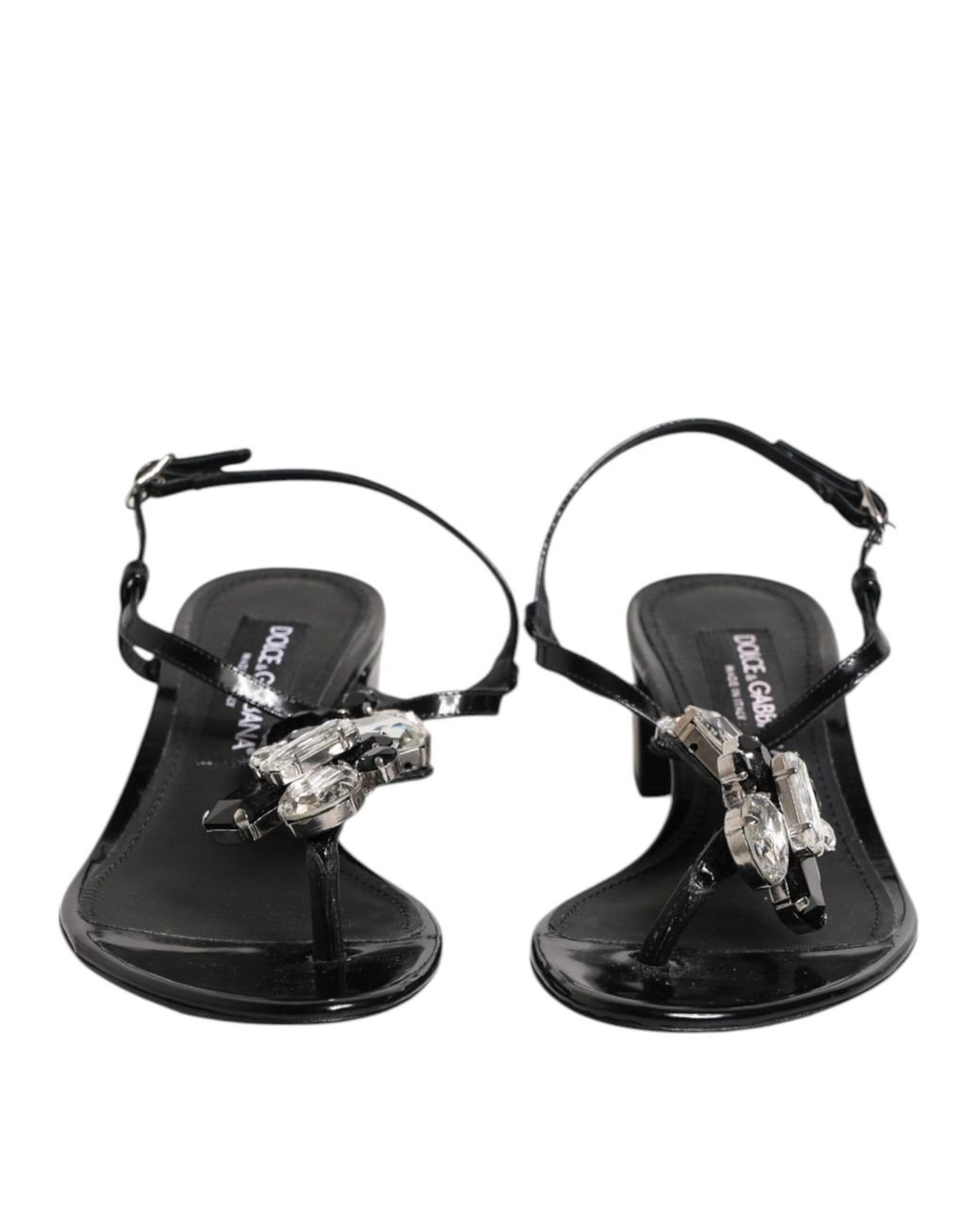 Dolce & Gabbana Black Leather Crystal Ankle Strap Sandals Shoes