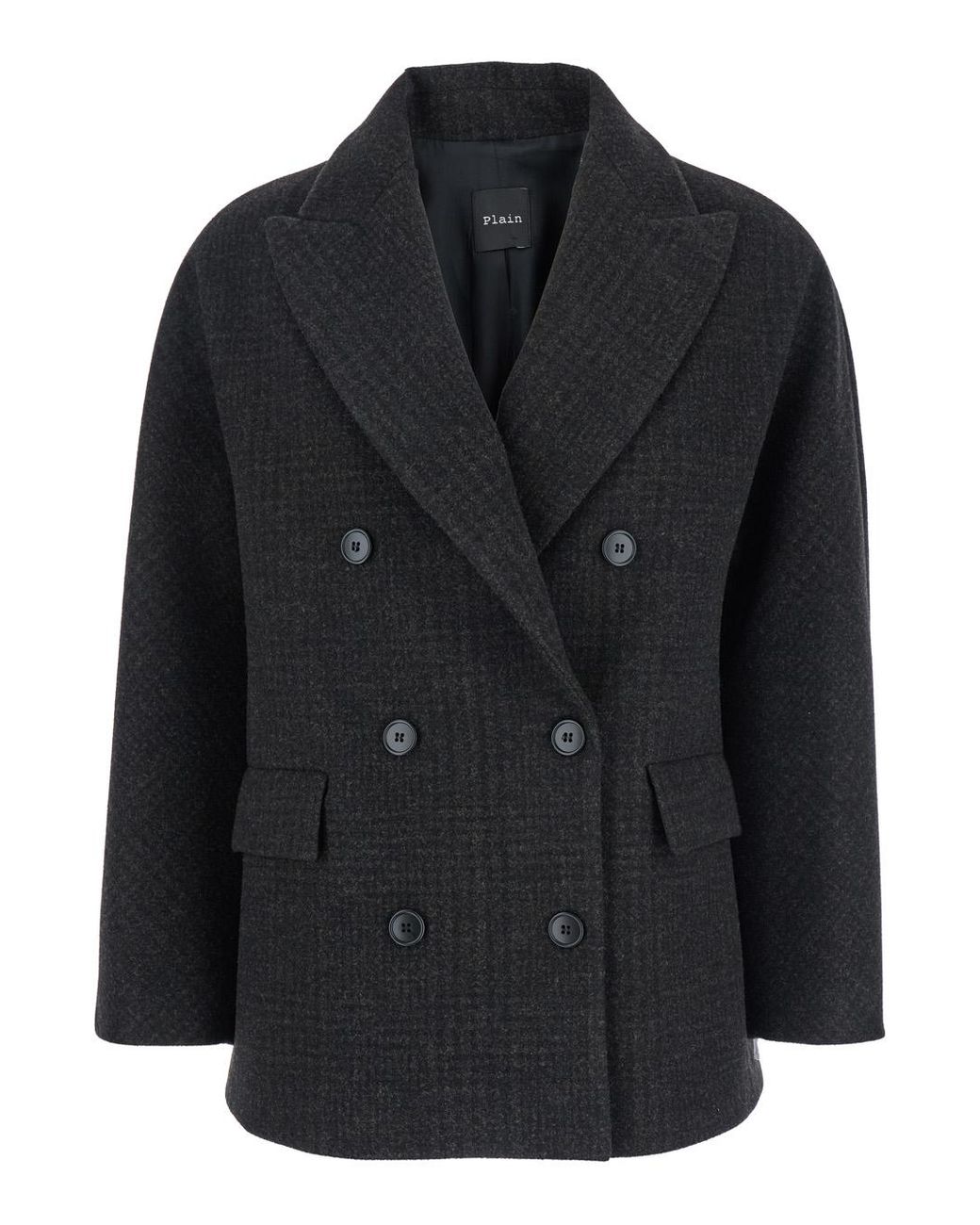 Le Plain Black Double-Breasted Jacket With Peak Revers And All-Over Check Motif