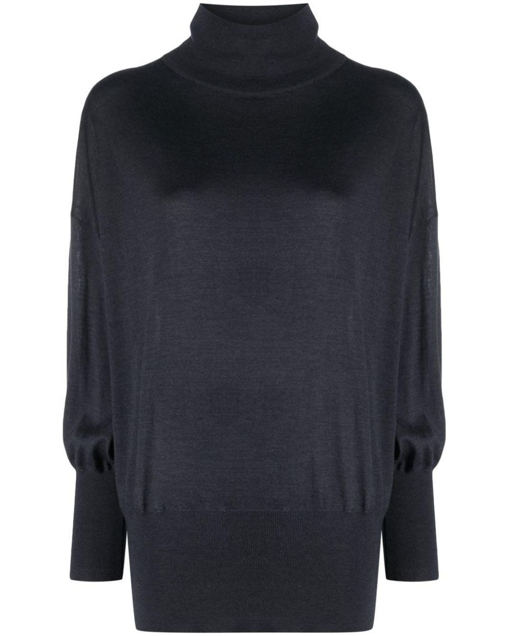 Brunello Cucinelli Blue Dark Wool Silk Mock Neck Shirt