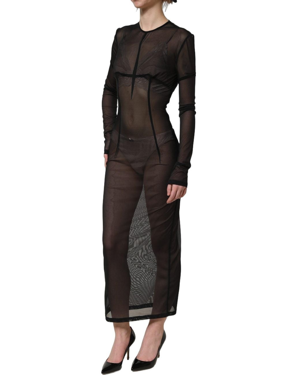 Dolce & Gabbana Black Long Sleeve Sheer Fitted Maxi Dress Nylon Elastane