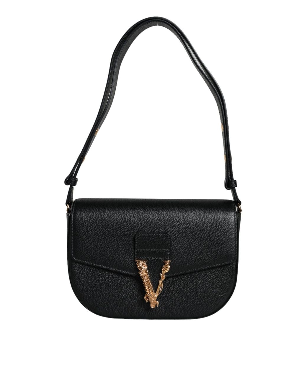 Versace Black Grainy Calf Leather Logo Crossbody Shoulder Bag