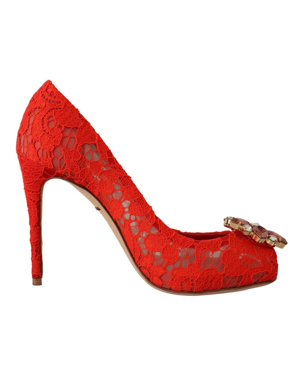 Dolce & Gabbana Red Crystal Taormina Lace Heels Pumps