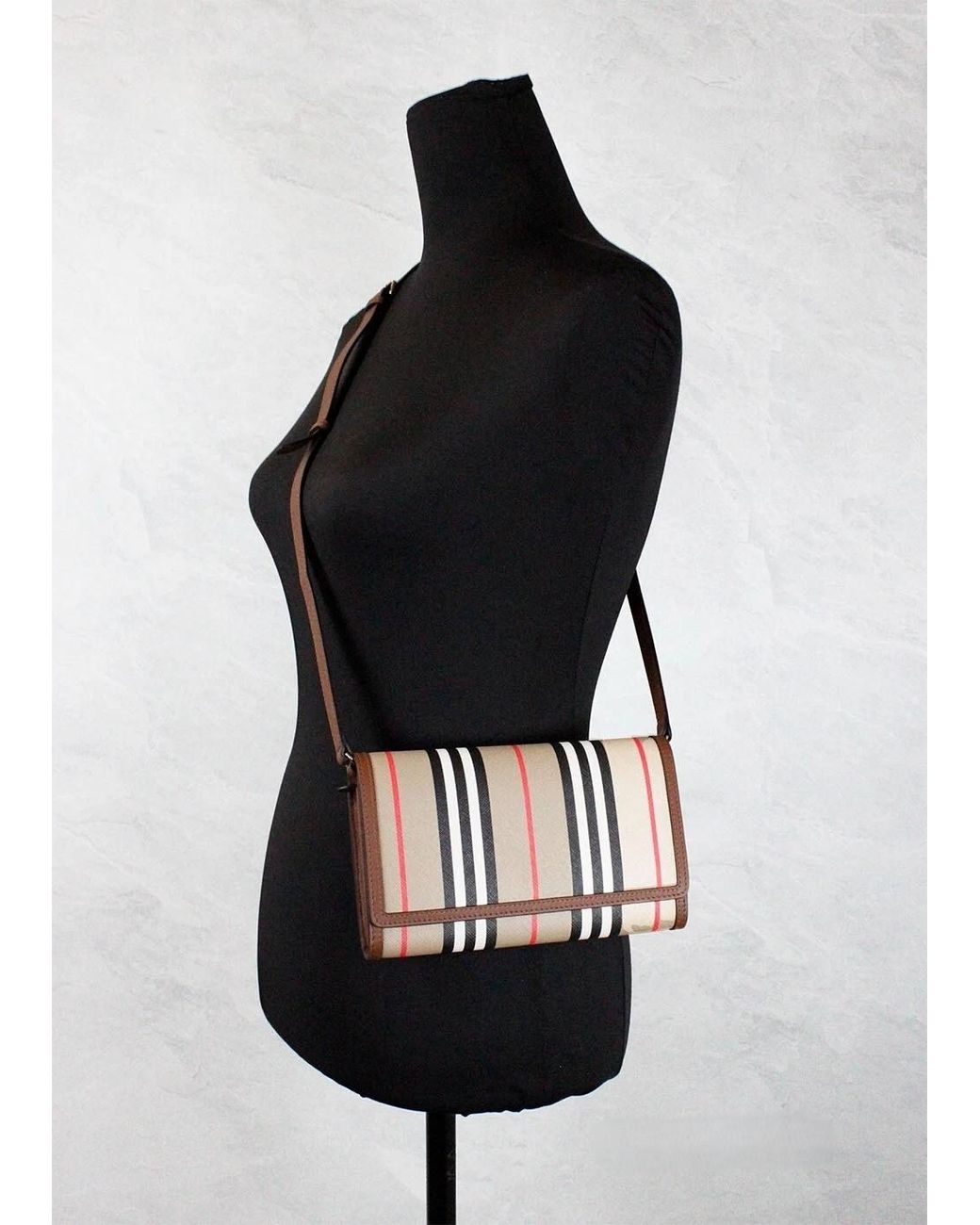 Burberry Brown Hannah Icon Stripe Archive Tan E-Canvas Leather Wallet Crossbody Bag