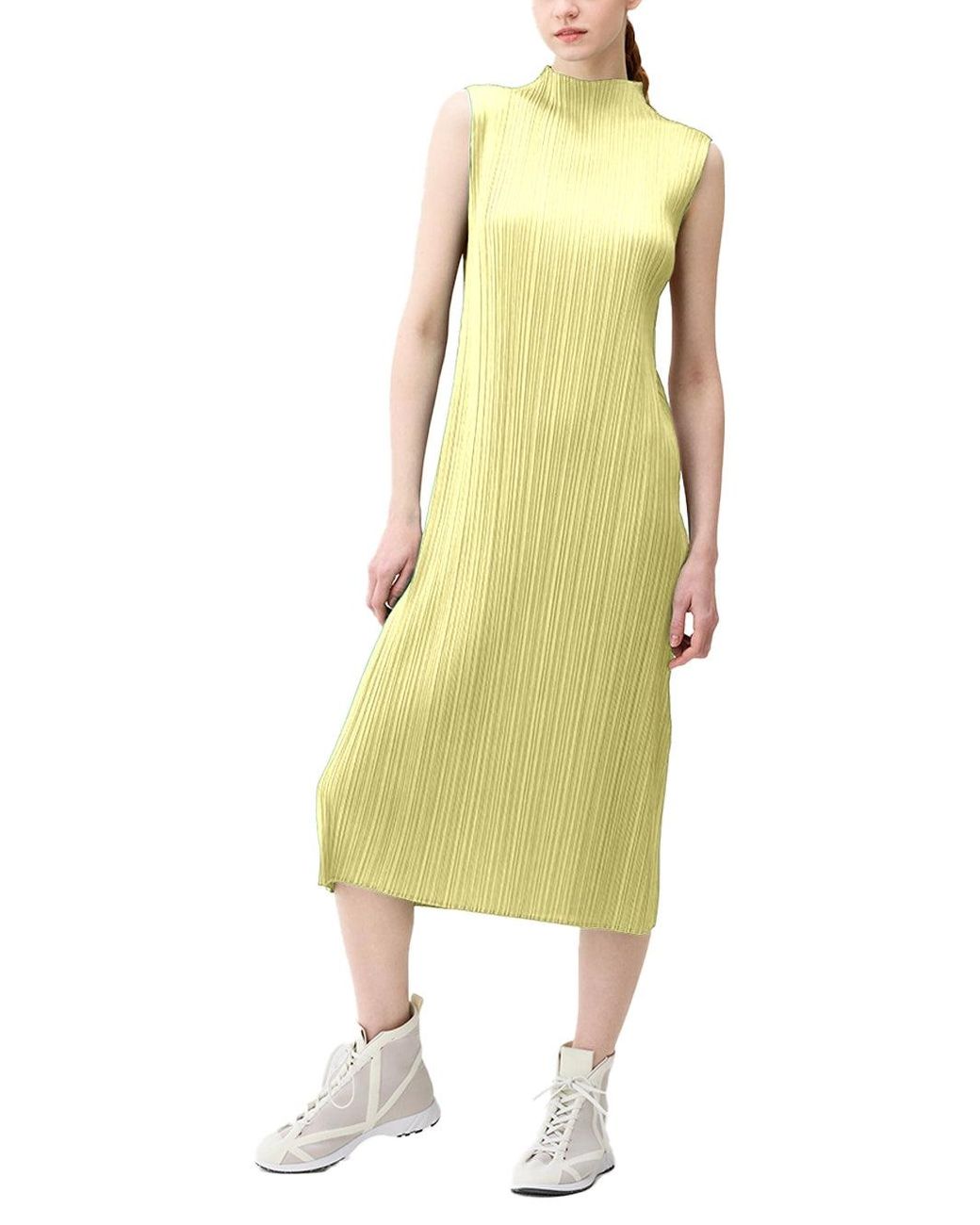 Issey Miyake Yellow Pleats Please High-Neck Dress Pale
