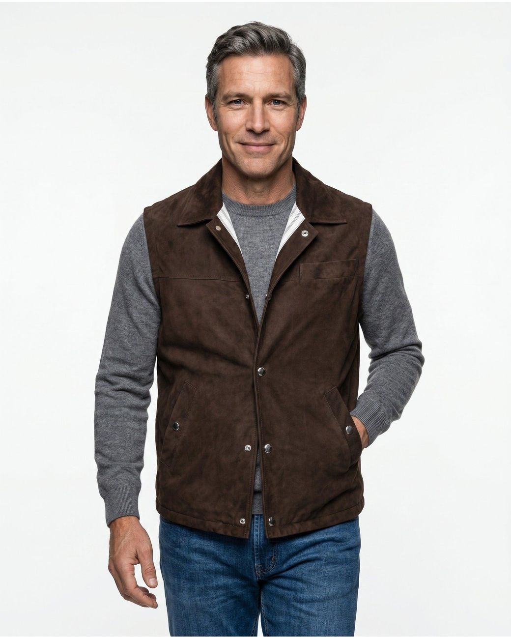 Brunello Cucinelli Brown Suede Sleeveless Jacket for men