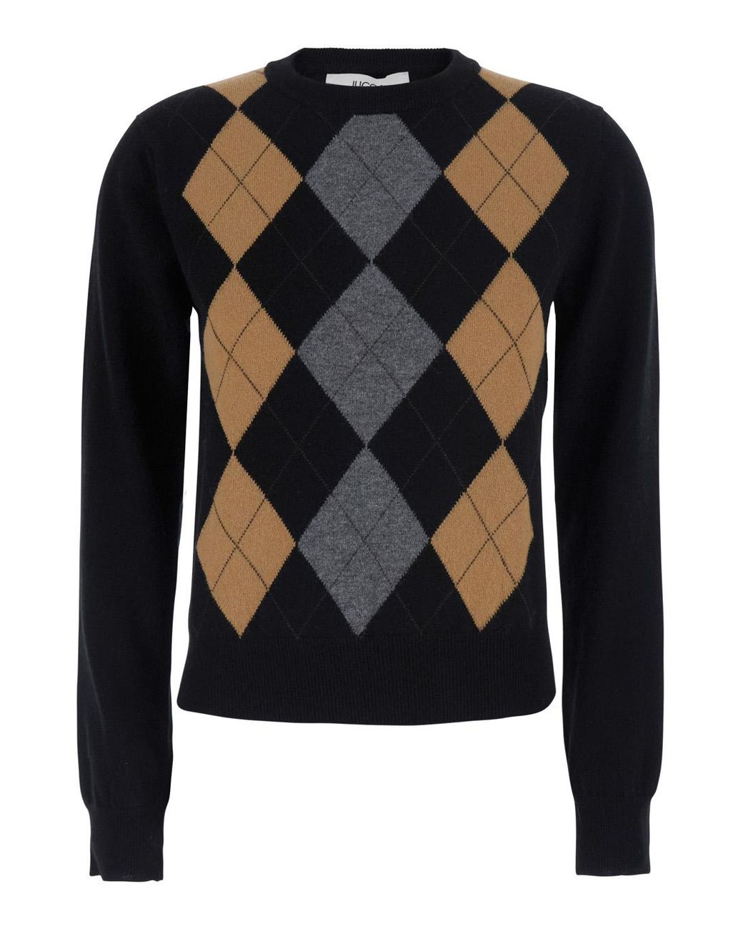 Jucca Black Round-Neck Sweater With Argyle Motif — Wool Tops