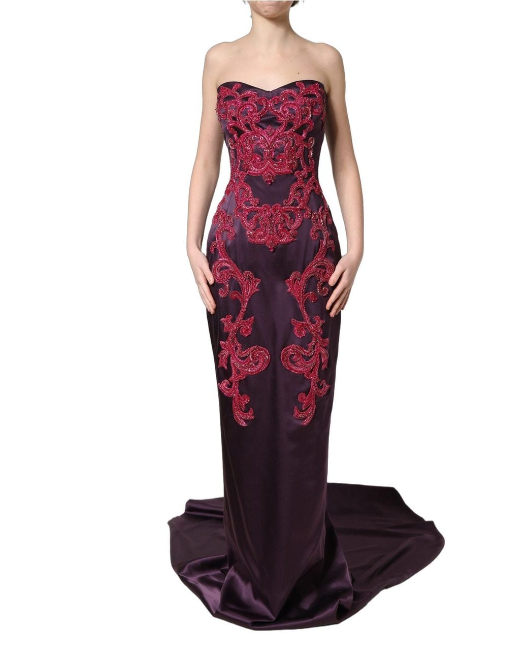 Dolce & Gabbana Purple Silk Crystal Strapless Floor Length Gown Dress Elastane