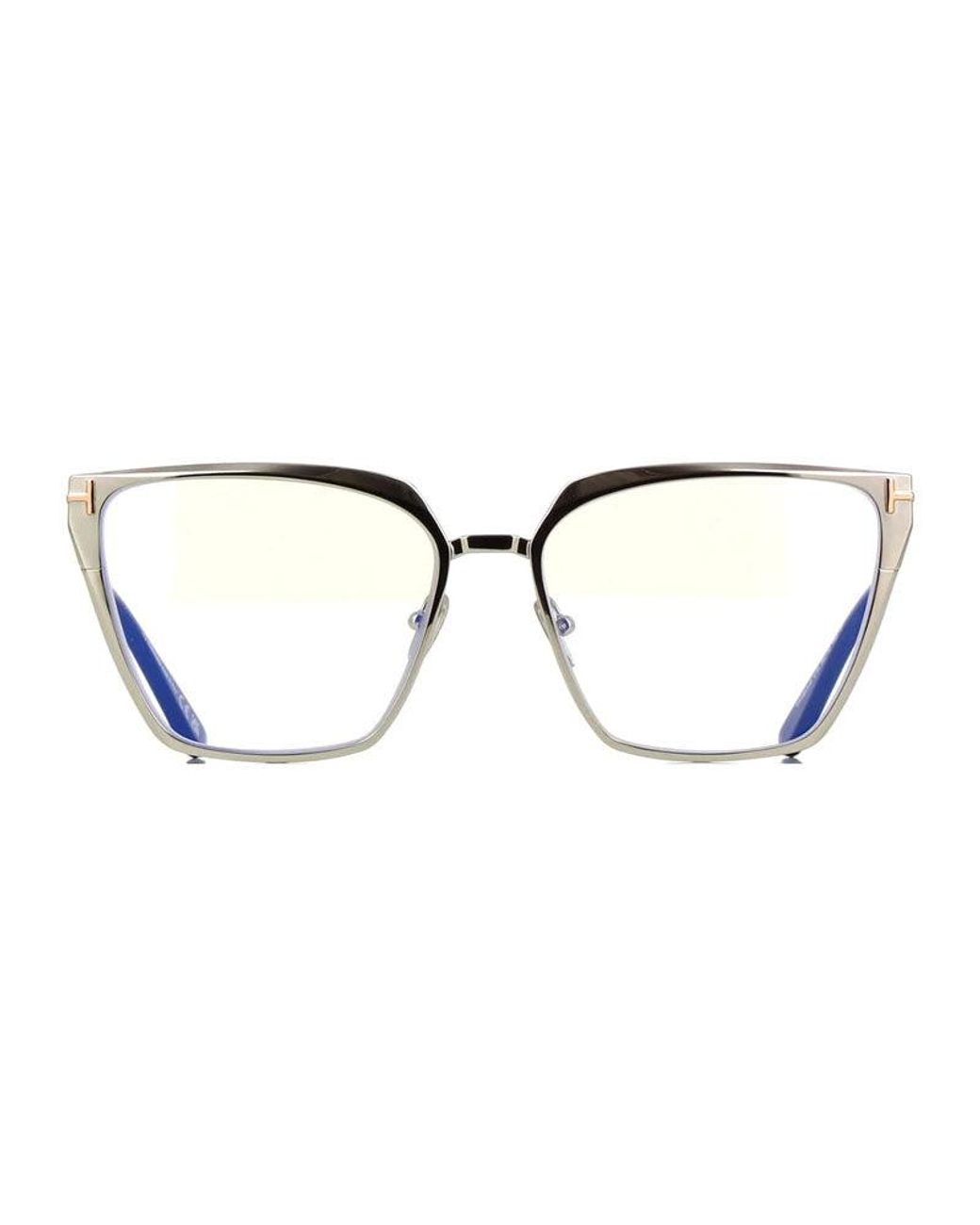Tom Ford Metallic Eyeglasses Square Full Rim, Shiny Palladium Frame And Clear Light Block Lenses Lens Ft5945-B016