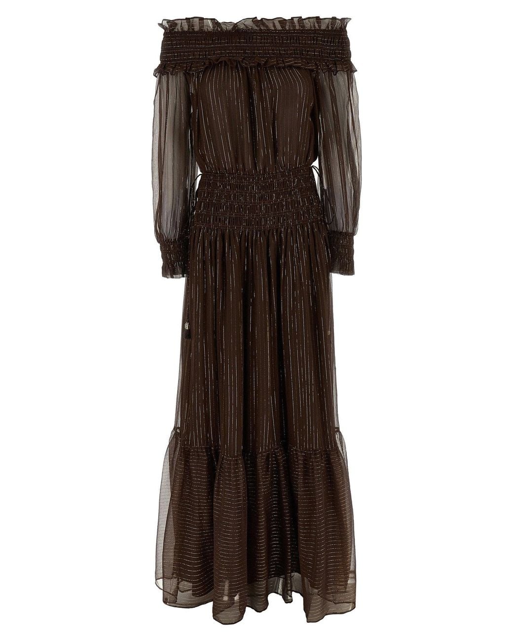 Self-Portrait Brown Off-Shoulder Georgette With Lamé Dress