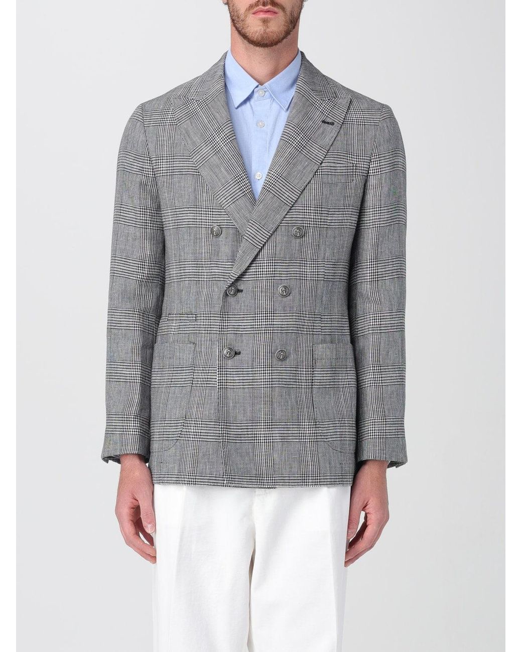 Brunello Cucinelli Gray Plaid Double Breasted Blazer for men