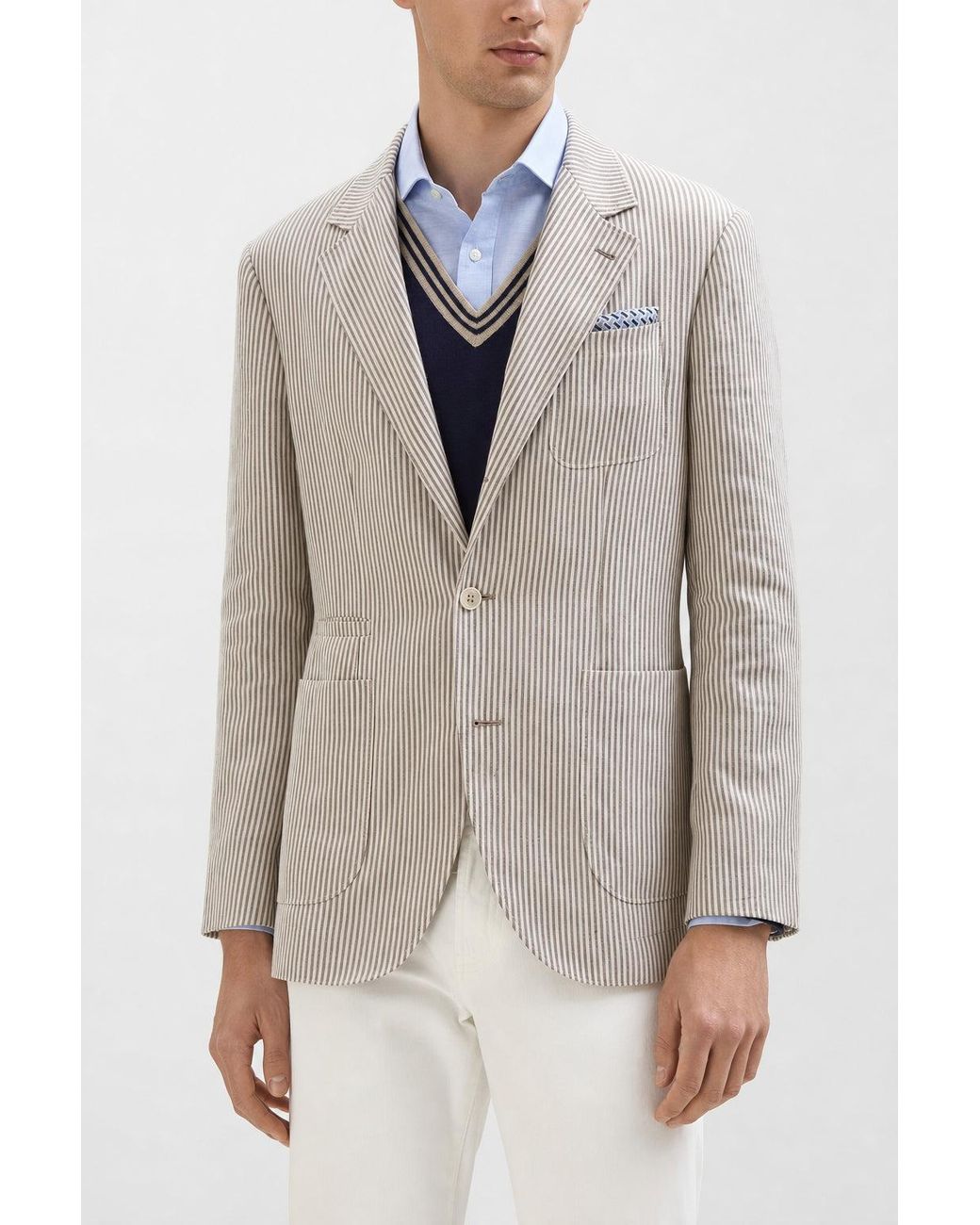 Brunello Cucinelli Gray Linen Wool Striped Blazer for men