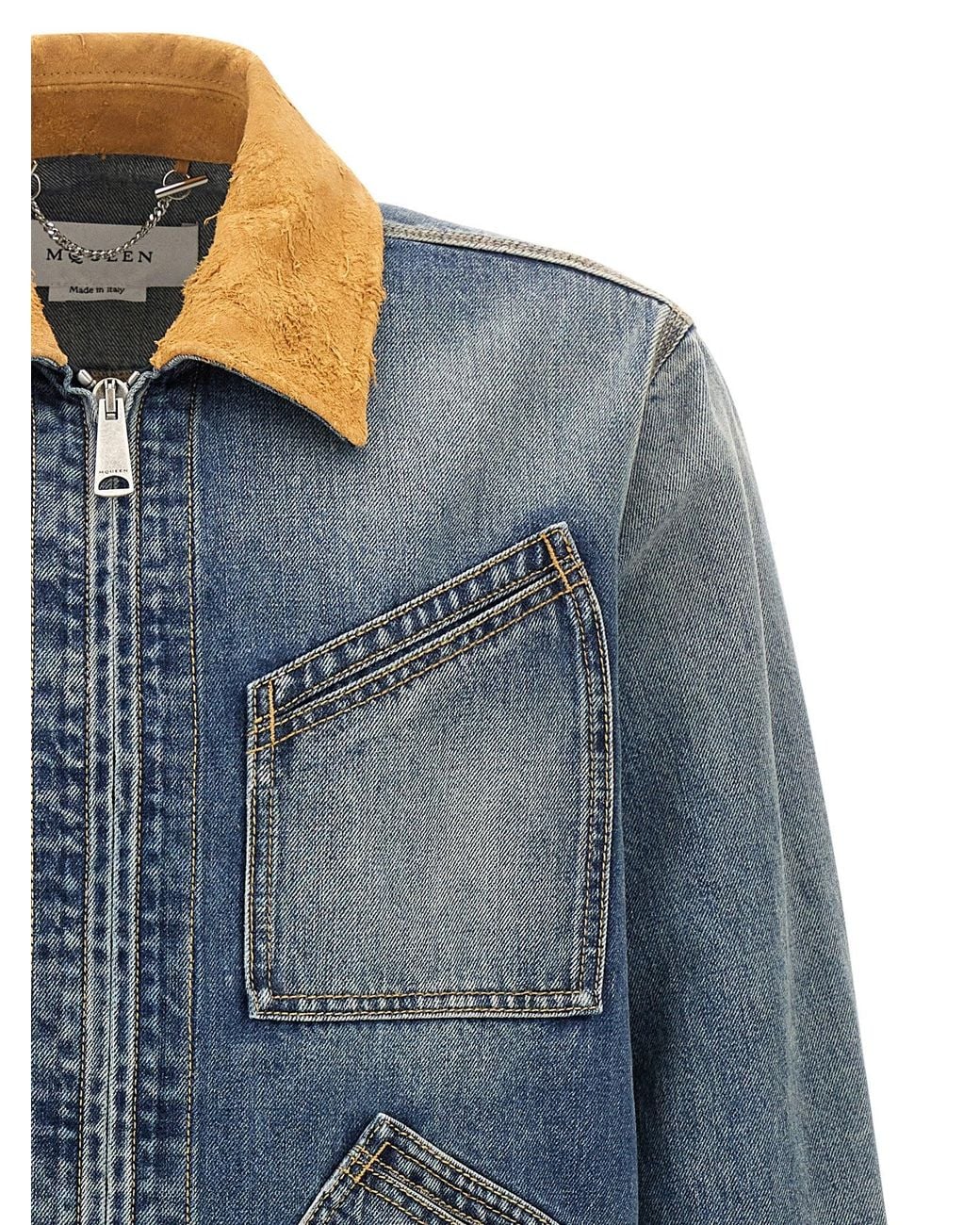 McQueen Blue Suede-Collar Denim Jacket