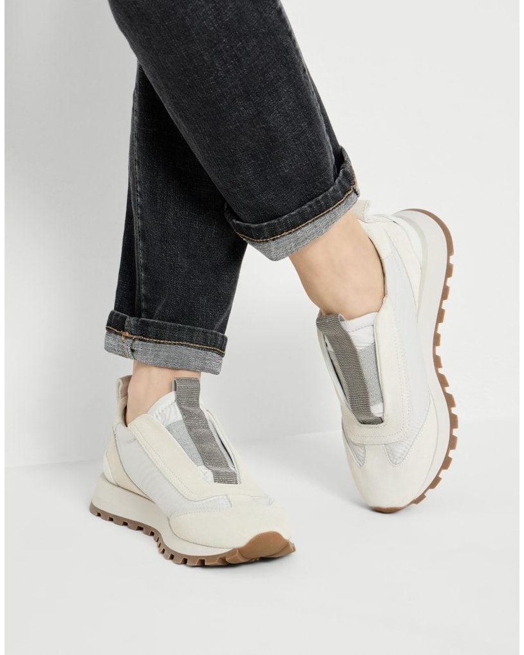 Brunello Cucinelli White Bianco Leather Slip On Sneakers