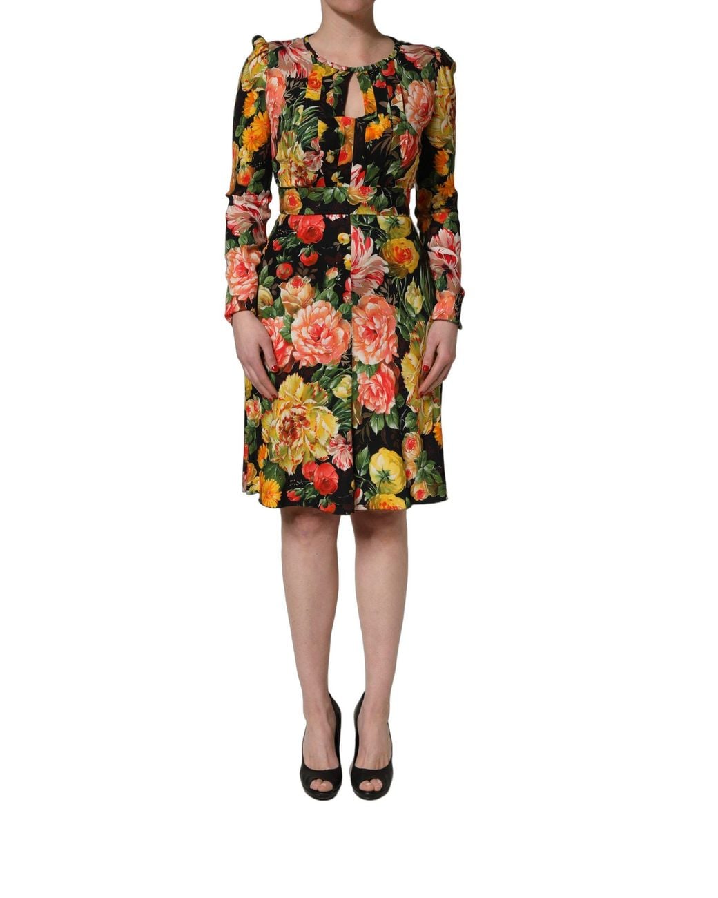 Dolce & Gabbana Multicolor Floral Print Longsleeve Midi Dress Viscose