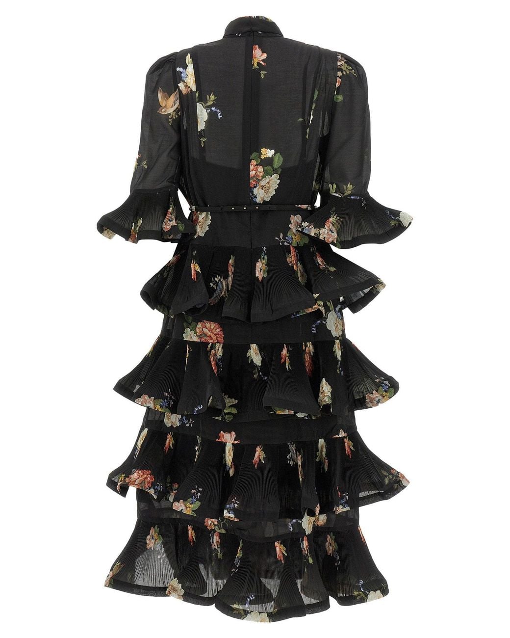 Zimmermann Black Pleated Flounce With Botanical Print Dress