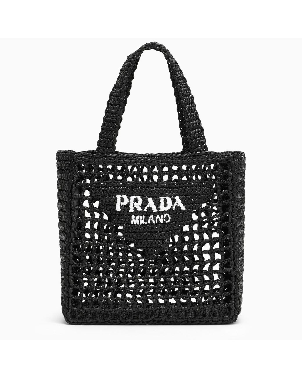 Prada Black Logoed Crochet Tote Bag Lyst