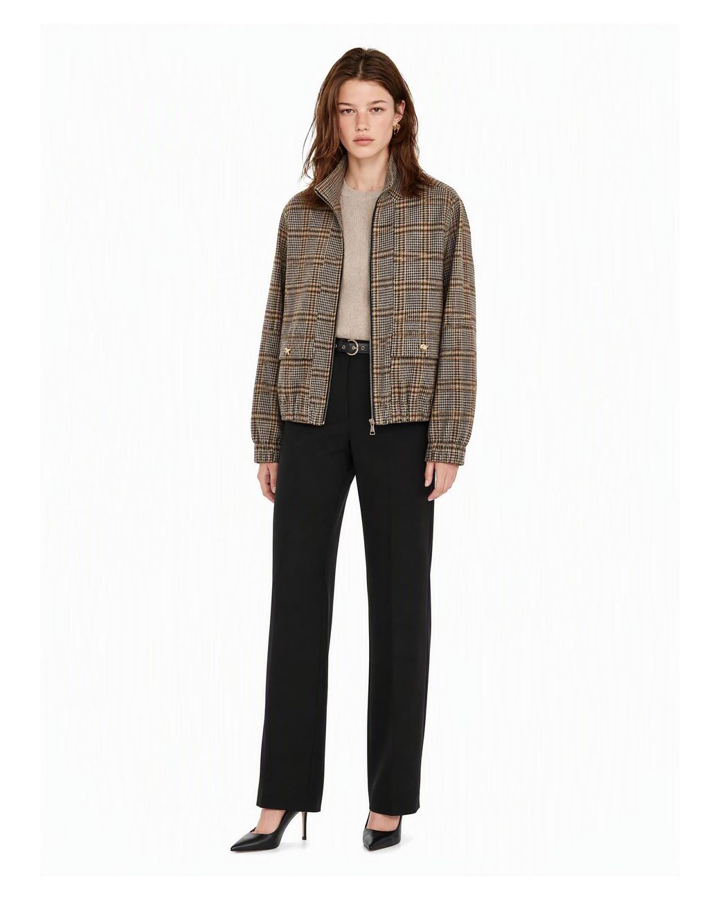 Fabiana Filippi Brown Bomber Jacket Checked Jersey Wool