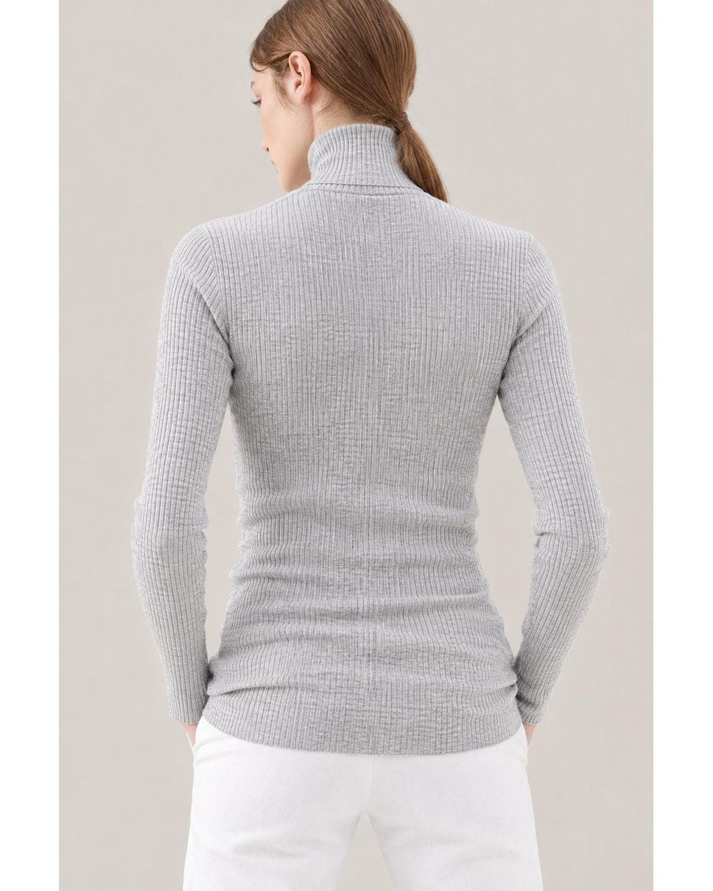 Brunello Cucinelli Gray Light Wool Silk Ribbed Turtleneck Sweater Clothing