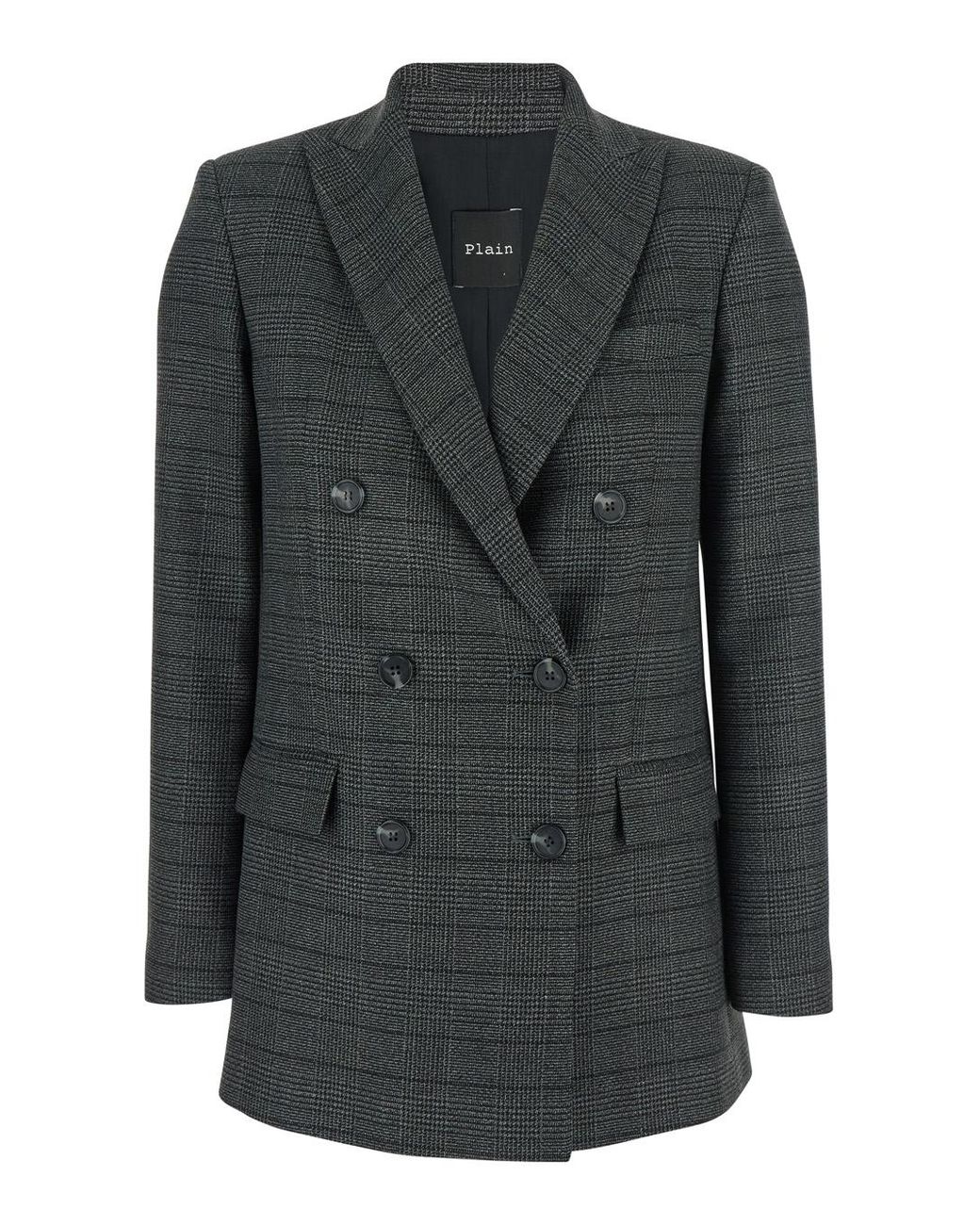 Le Plain Black Double-Breasted Jacket With Peak Revers And All-Over Striped Motif
