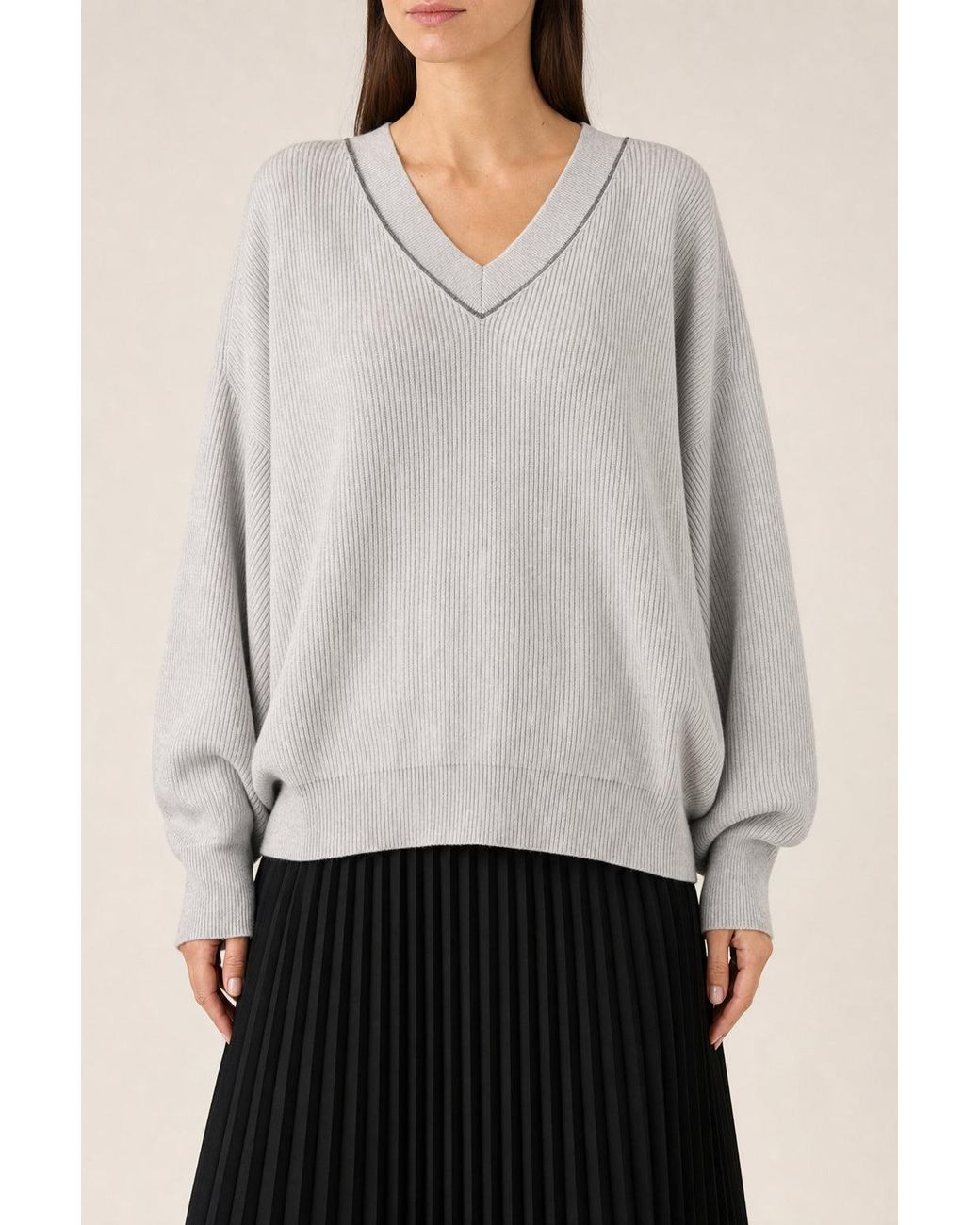 Brunello Cucinelli White Nebbia Cotton V Neck Sweater