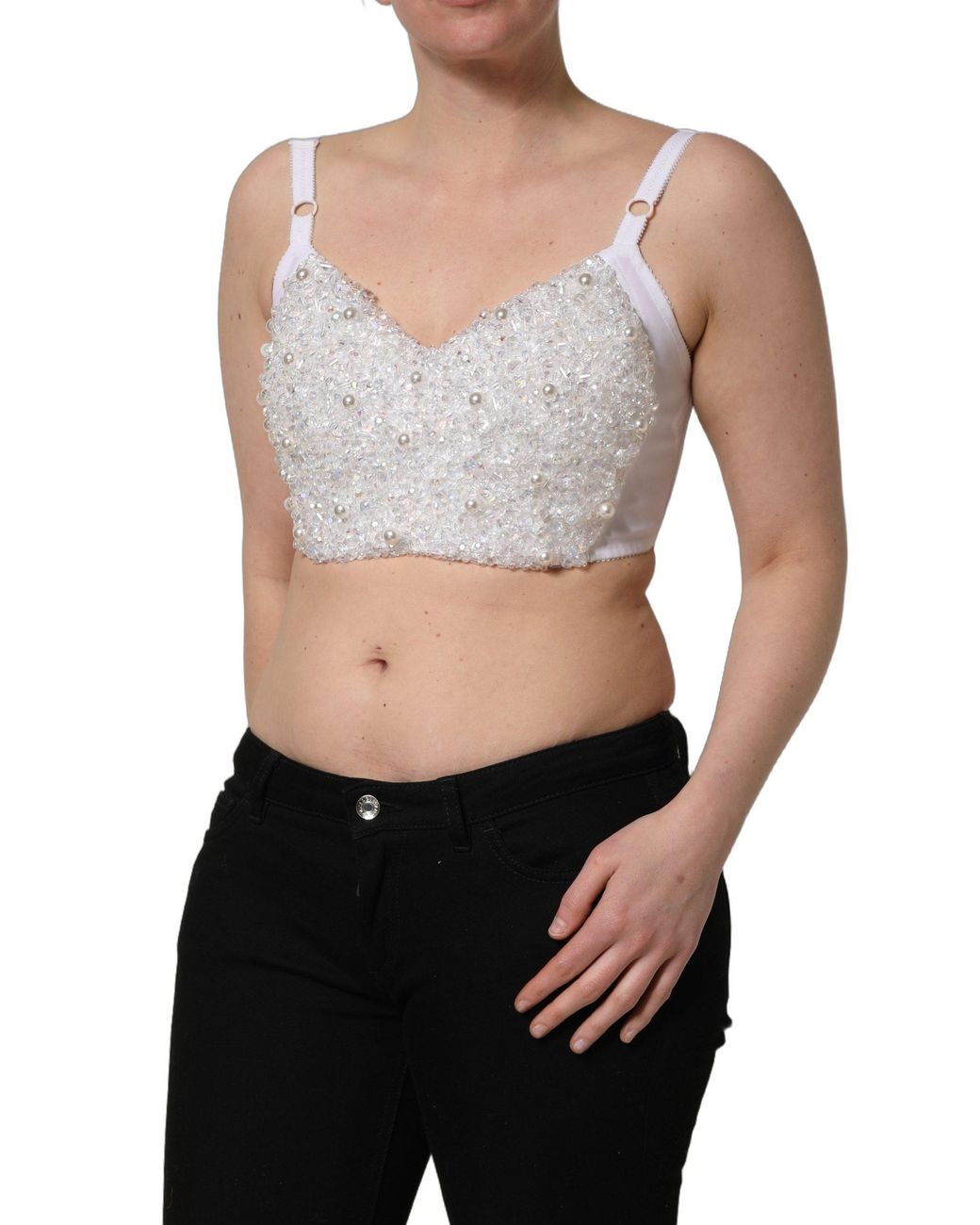 Dolce & Gabbana Gray Pearls Beaded Corset Bustier Crop Top Elastane Polyester