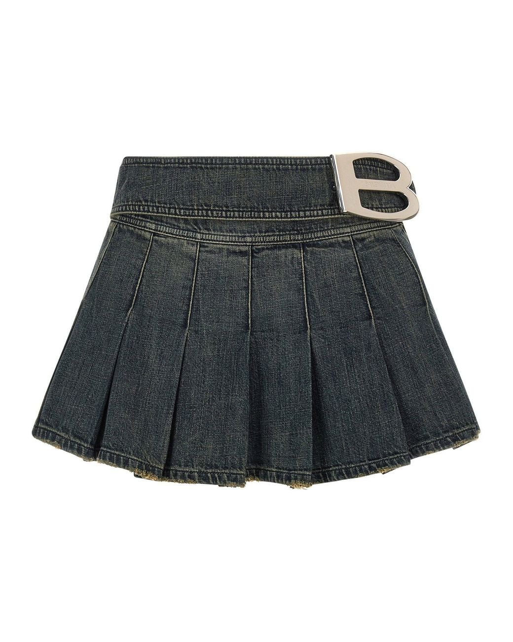 Balenciaga Gray Pleated Denim With Logo Buckle Skirt