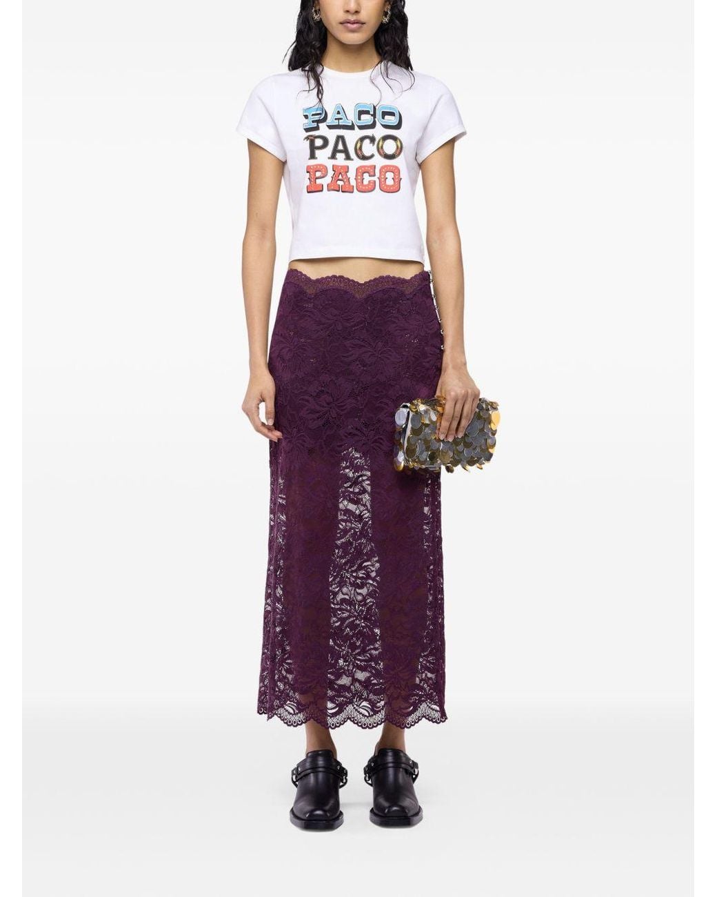 Rabanne Purple Double-Layered Stretch Floral Lace Midi Skirt With Metal Ball Buttons