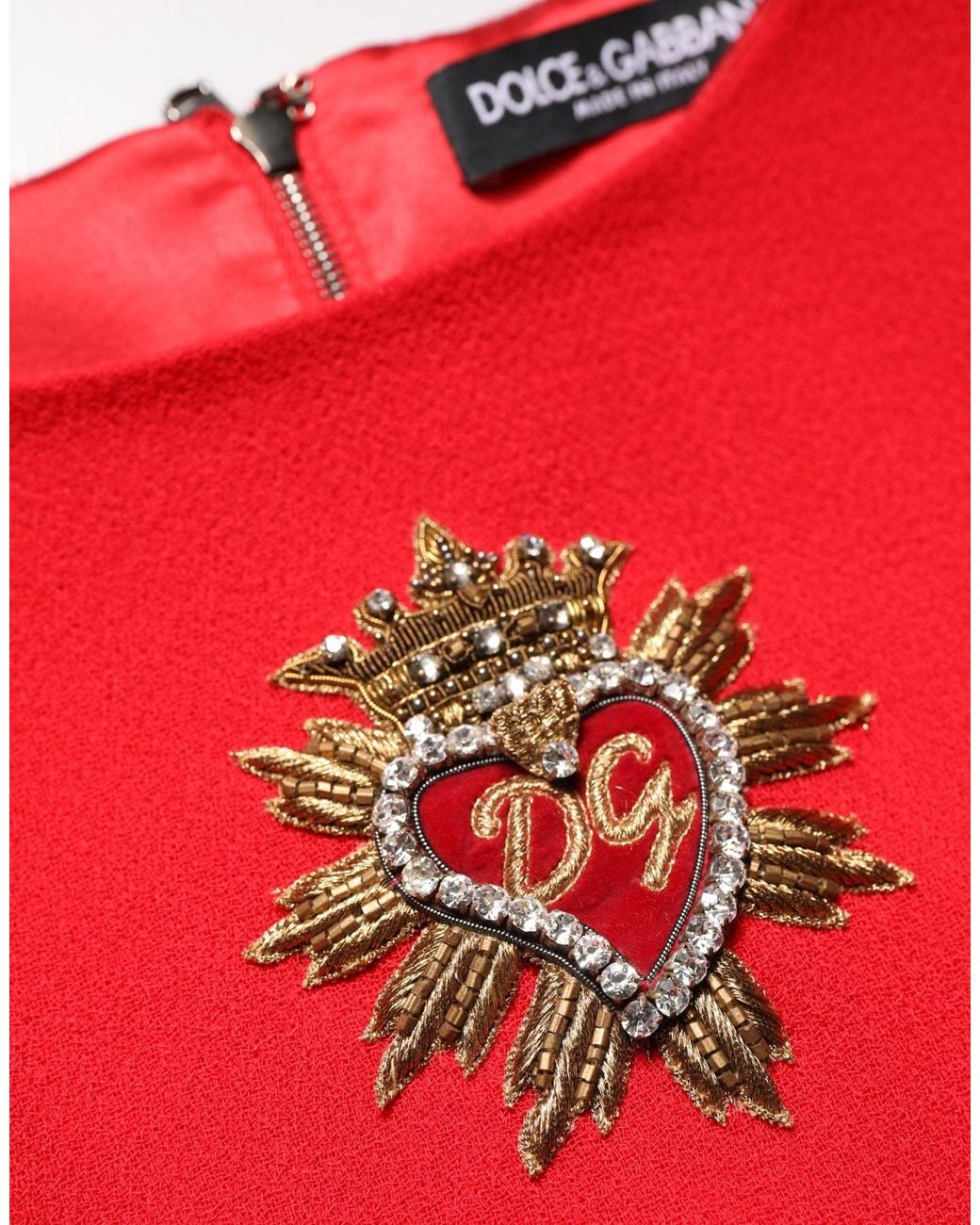 Dolce & Gabbana Red Dolce & Gabbana Heart-Embellished Virgin Wool Mini Dress