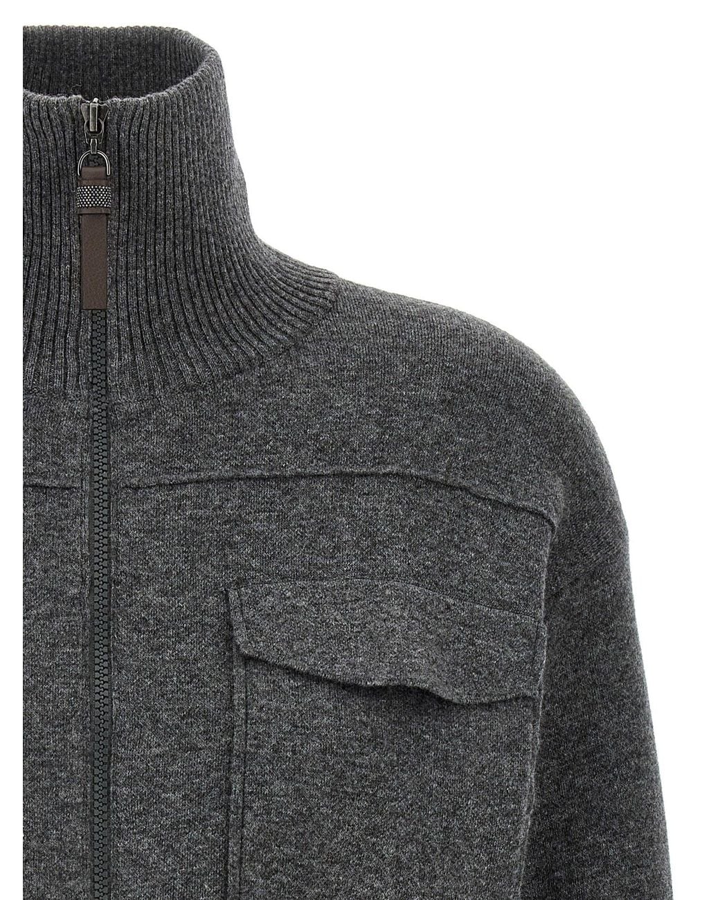 Brunello Cucinelli Gray Wool Zip-Front Crop Cardigan