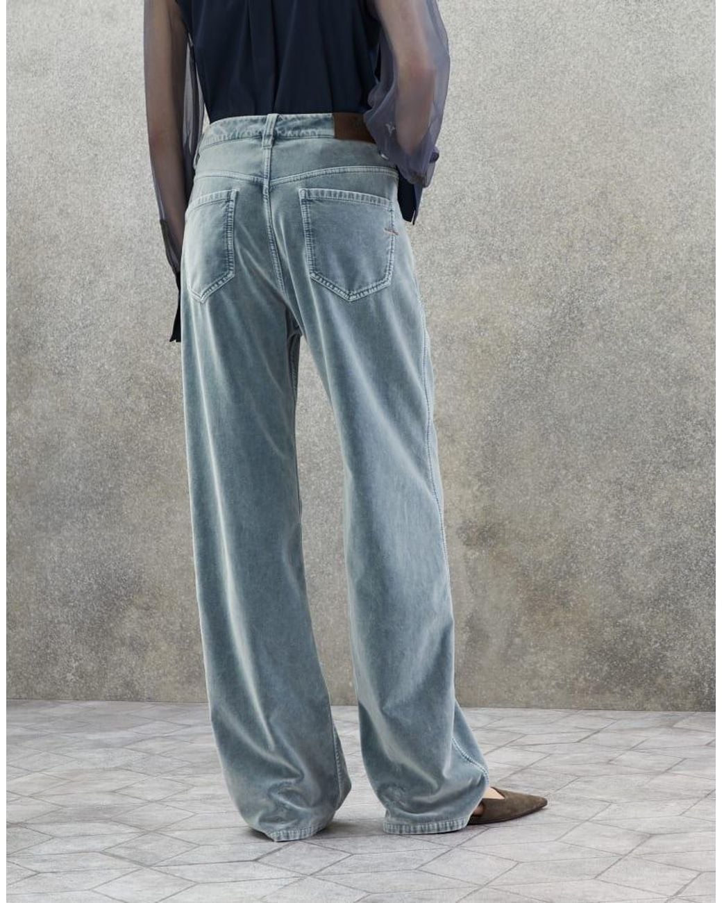 Brunello Cucinelli Blue Velvet Wide Leg Cotton Trousers