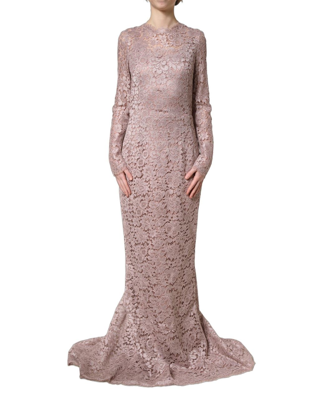 Dolce & Gabbana Pink Lace Long Sleeves Evening Gown Dress Viscose Nylon Cotton