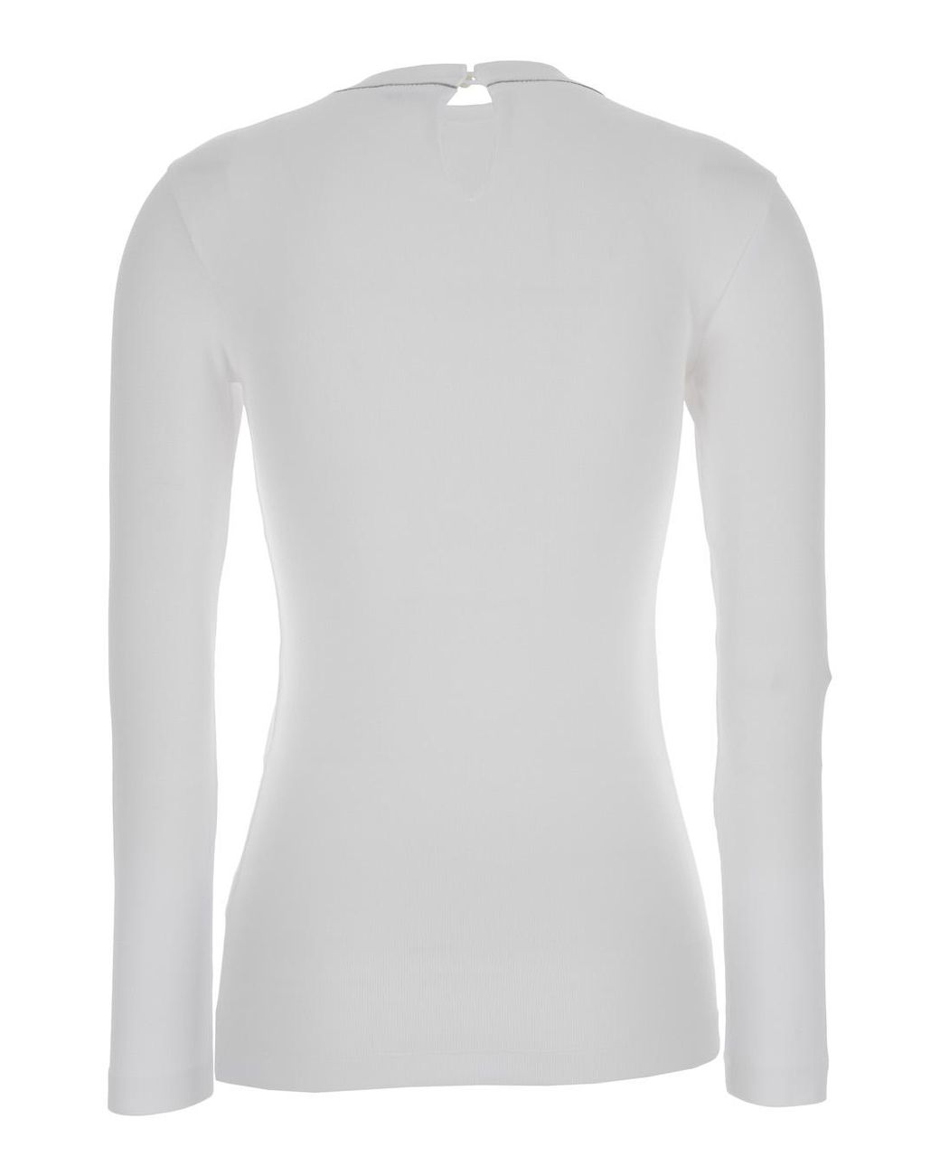 Brunello Cucinelli White Long Sleeve Round-Neck Cotton T-Shirt With Monile Trim