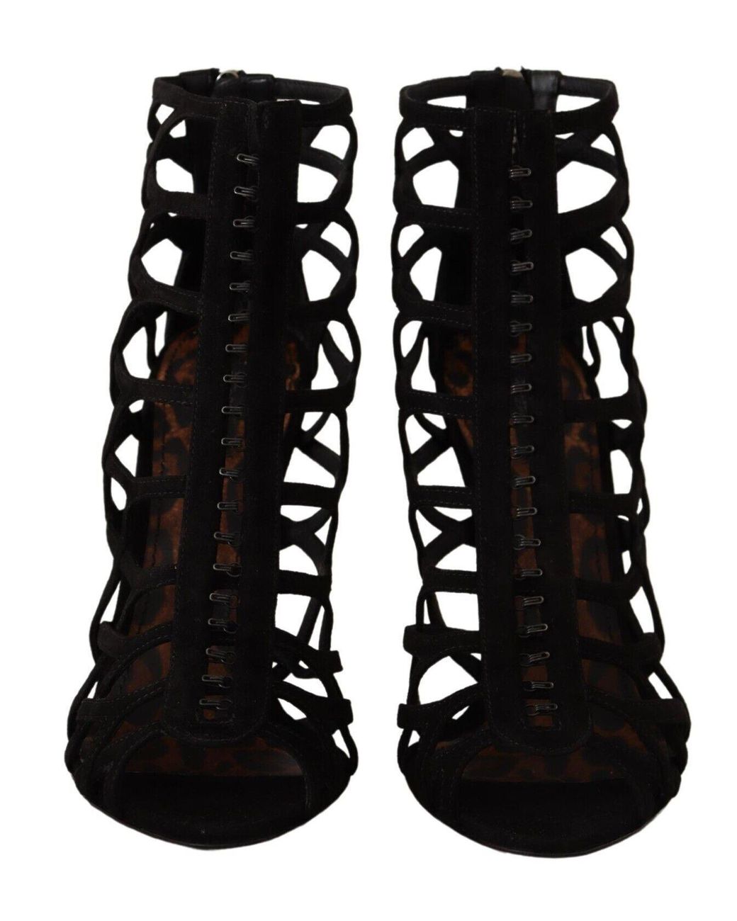 Dolce & Gabbana Black Cage Sandals Suede Heels Leather