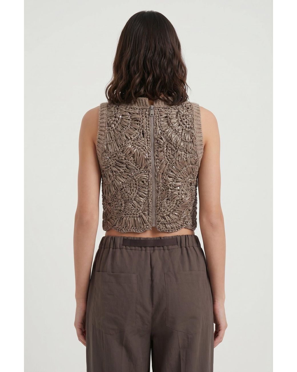 Brunello Cucinelli Brown Taupe Crochet Knit Sweater