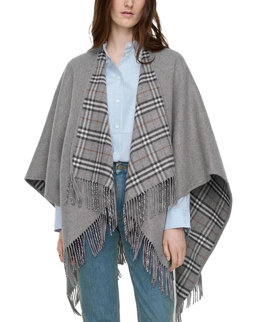 Burberry Gray Reversible Check Wool Cape