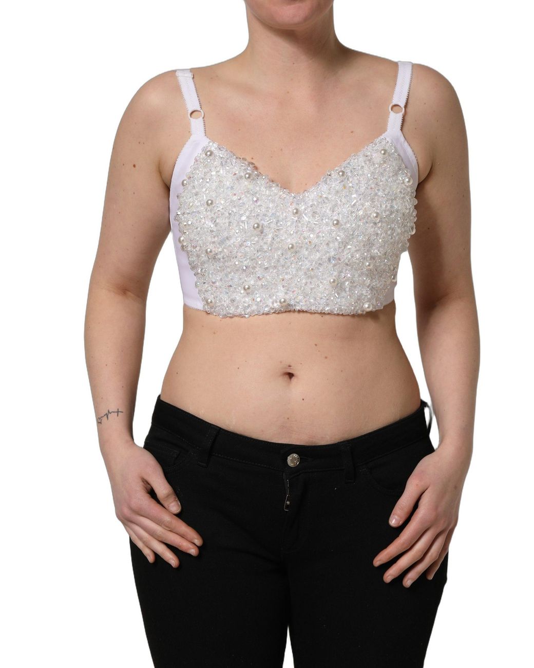 Dolce & Gabbana Gray Pearls Beaded Corset Bustier Crop Top Elastane Polyester