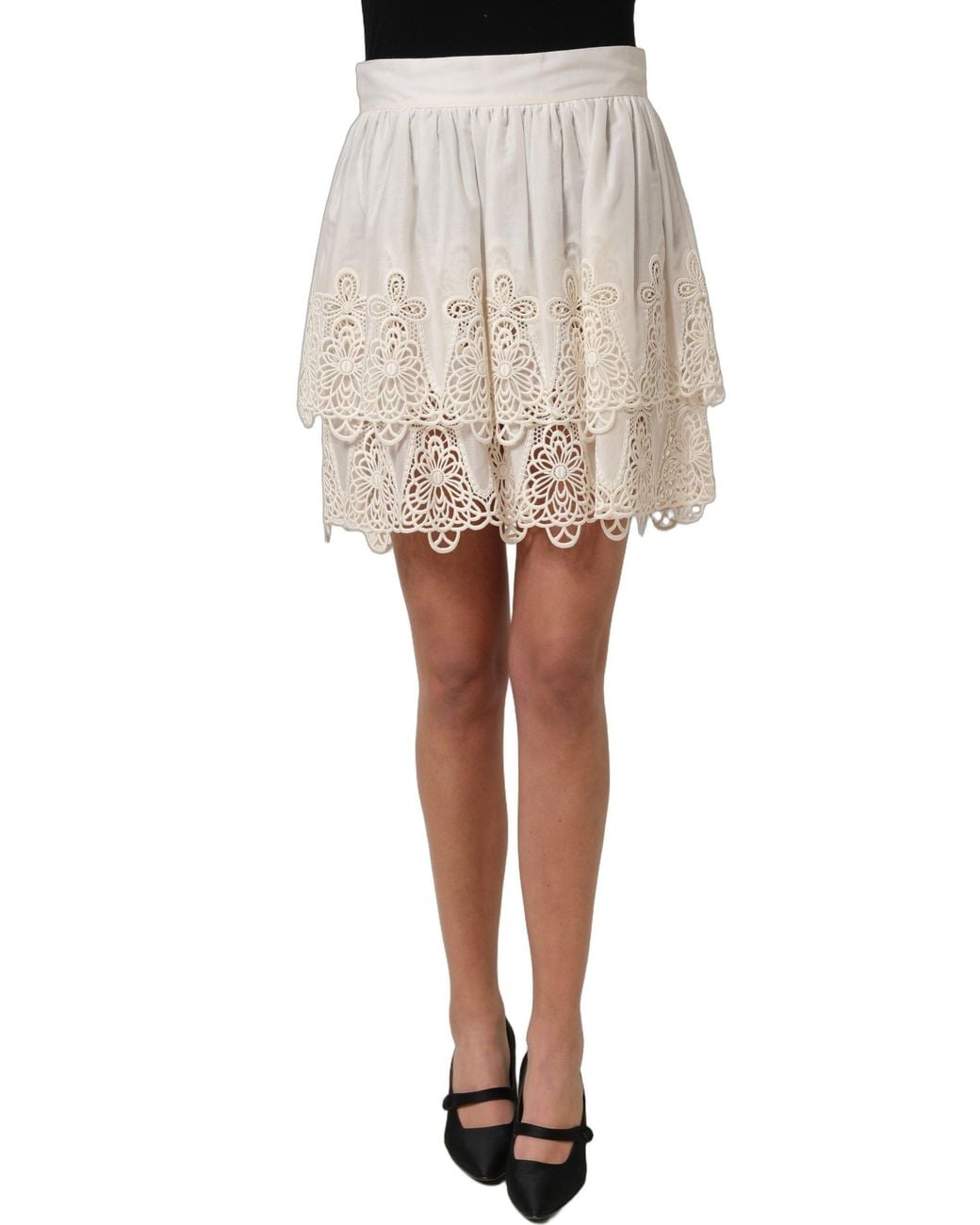 Dolce & Gabbana Natural Floral Embroidered A-Line Mini Skirt Cotton Polyester