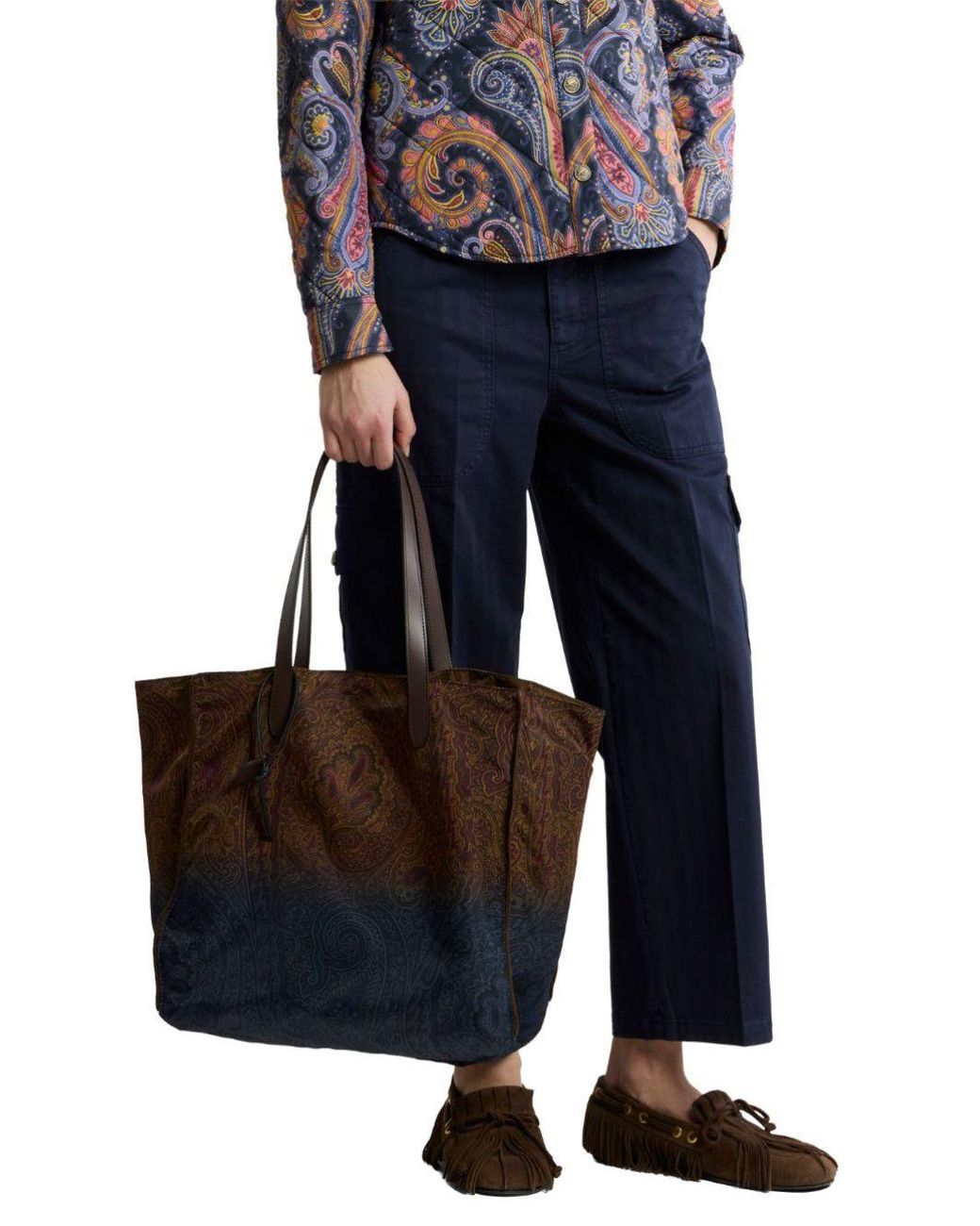 Etro Multicolor Unfold Me Nylon Shopping Bag With Gradient Paisley Pattern And Leather Handles