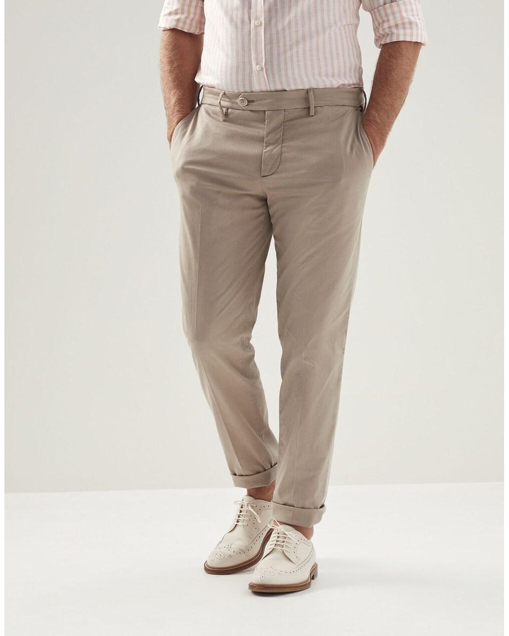 Brunello Cucinelli Natural Clay Tailored Cotton Trousers for men