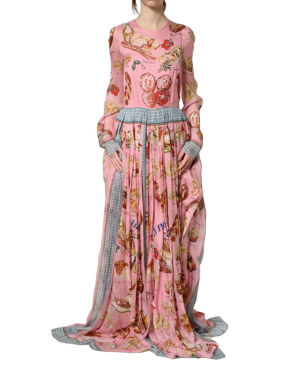 Dolce & Gabbana Pink Light Bread Print Pleated Maxi Dress Silk