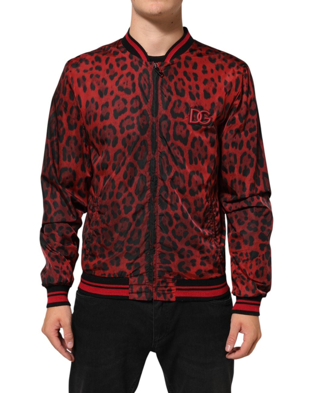 Dolce & Gabbana Red Leopard Print Full Zip Bomber Jacket Clothing for men